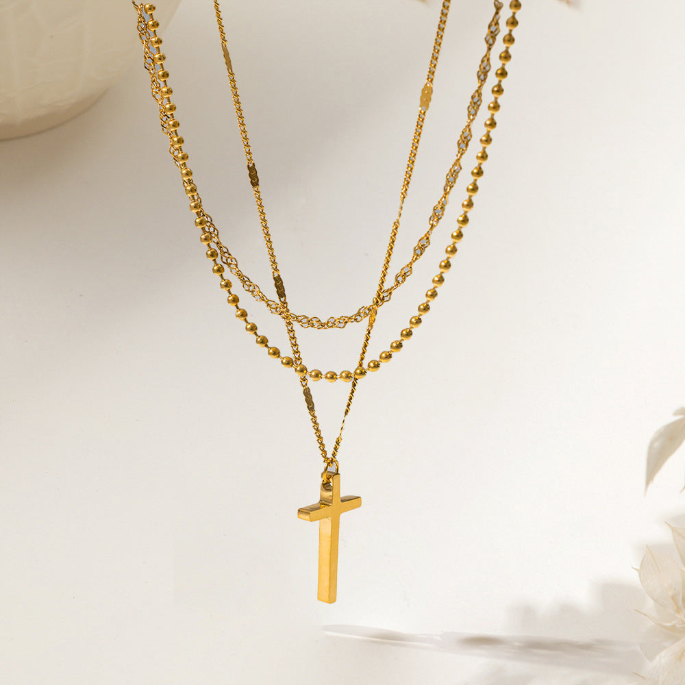 Titanium Steel Non-fading Single-diamond Three-layer Cross Necklace