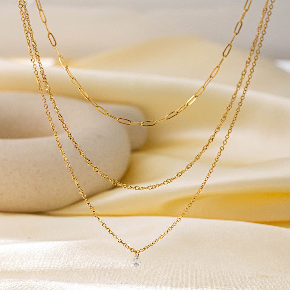 Titanium Steel Non-fading Single-diamond Three-layer Cross Necklace