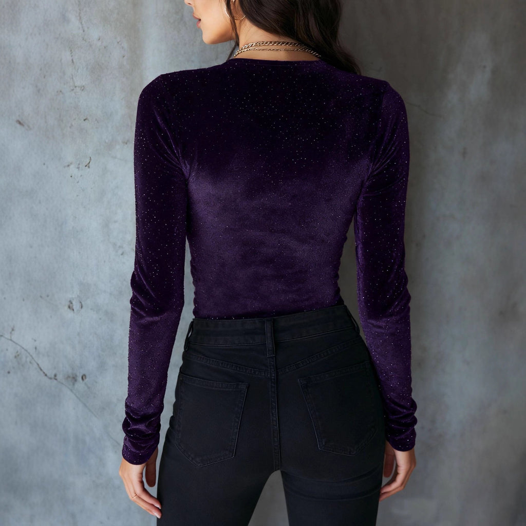 Womens Solid-Color Sequin Slim-fit V-neck Velvet Long-sleeve T-shirt