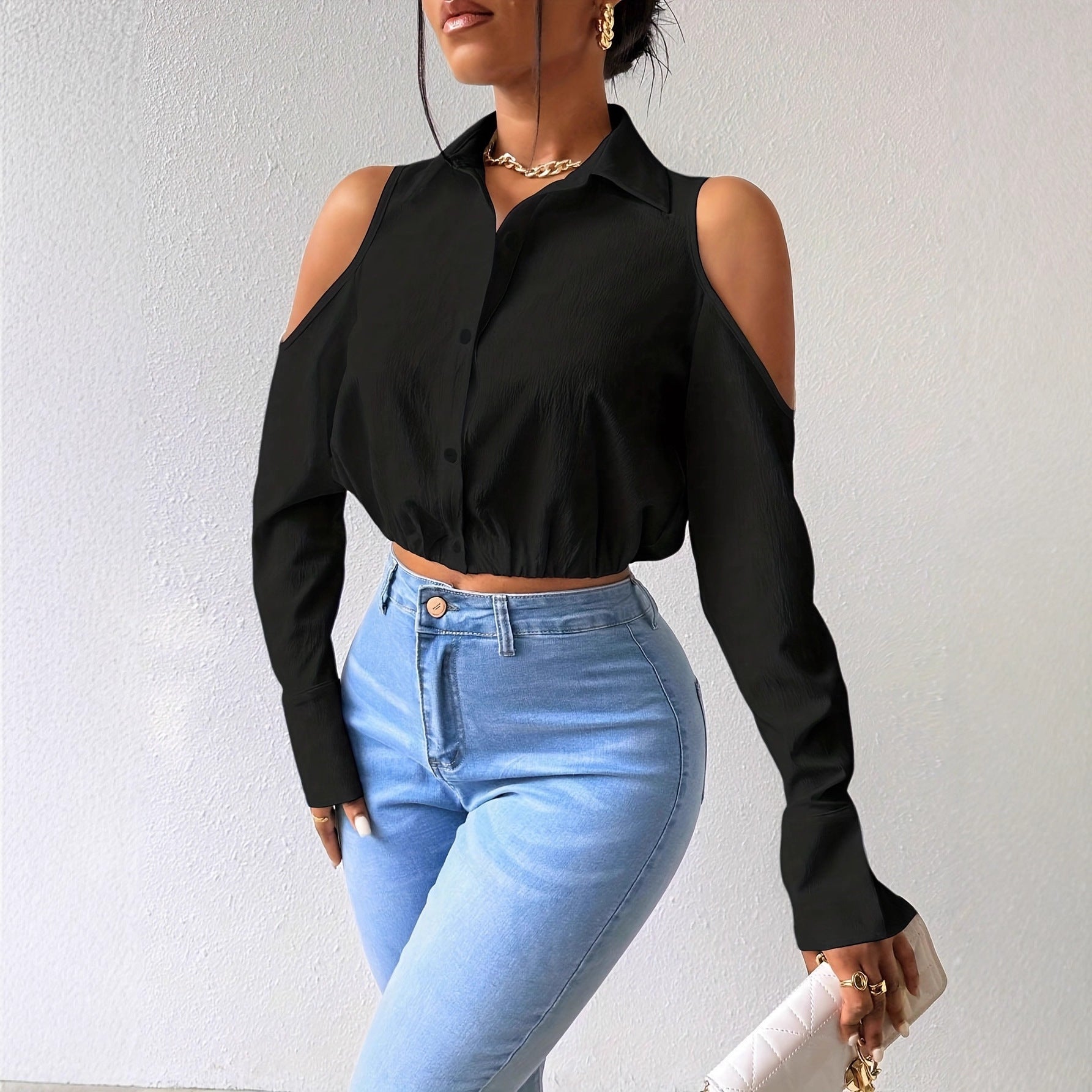 Womens Lapel-button-up Cardigan With A Sophisticated Blouse Design