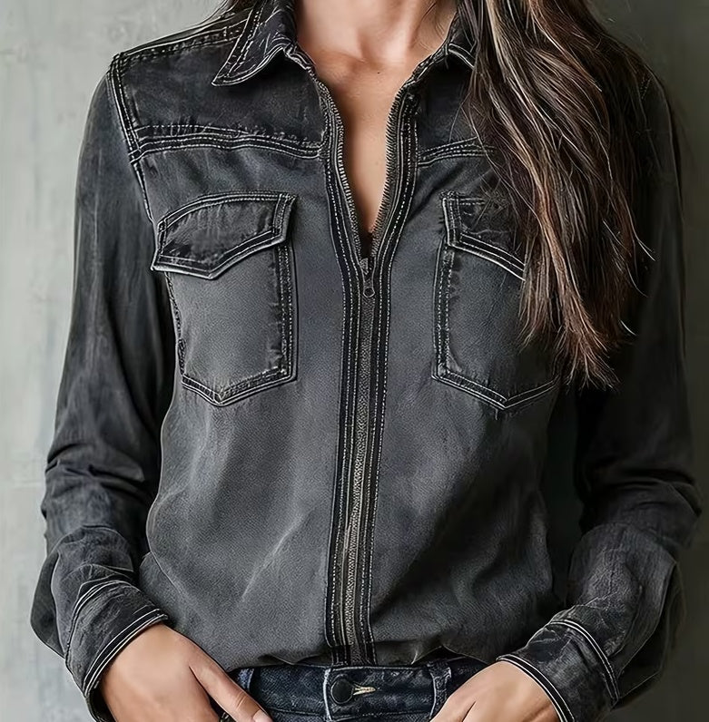 Vintage Workwear Style Lapel Long-sleeve Slimming Top