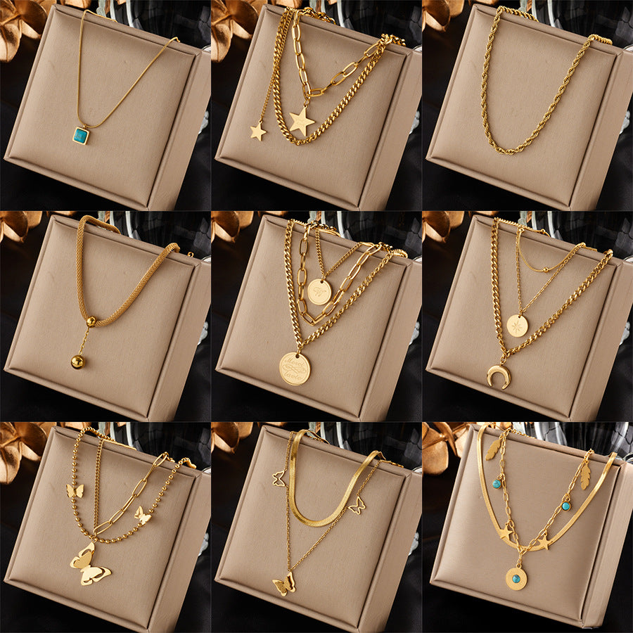 Multi-layer Stacked Niche High-end 18K Goldplated Titanium Steel Clavicle Chain