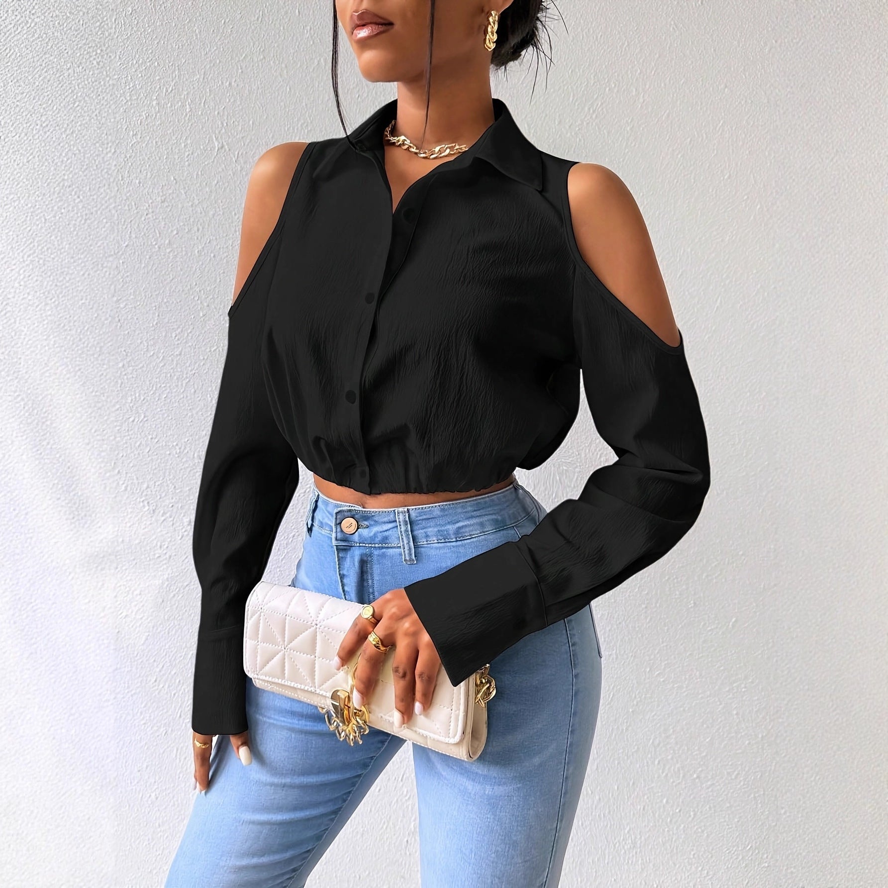 Womens Lapel-button-up Cardigan With A Sophisticated Blouse Design