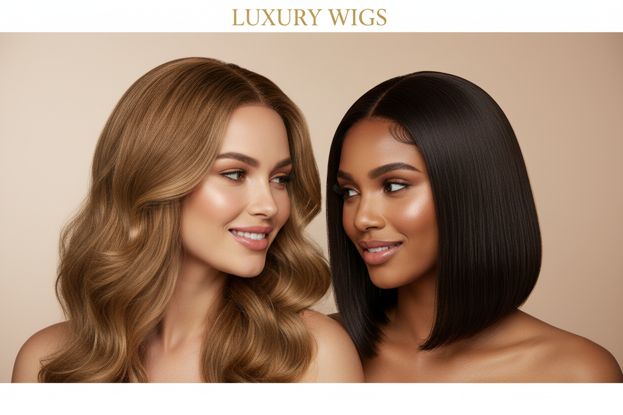 create 424*369  image banner of hair wigs model close to each other