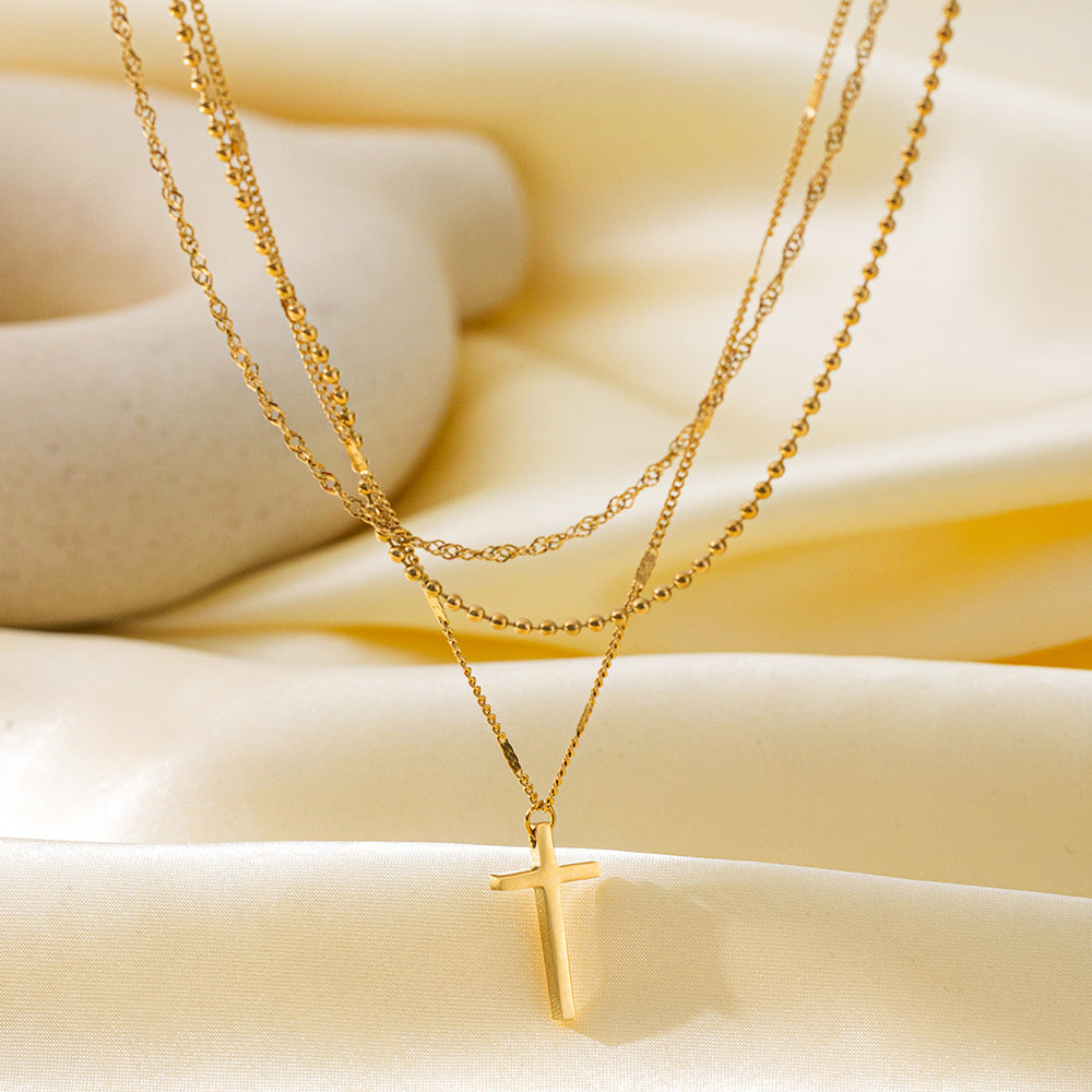 Titanium Steel Non-fading Single-diamond Three-layer Cross Necklace