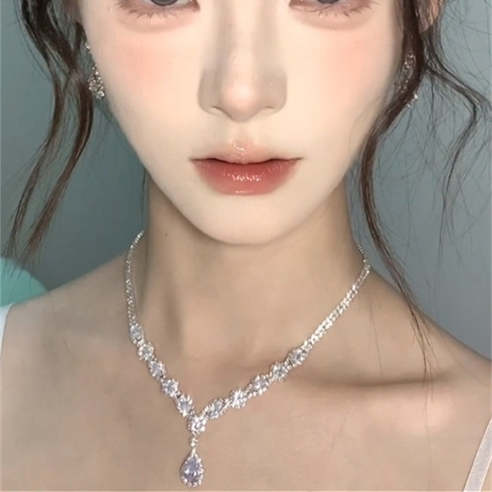 Full-Crystal Flashing Waterdrop Tassel Necklace And Earrings