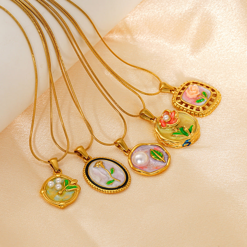 Middle Ancient Style Oil Painting Necklace For Women