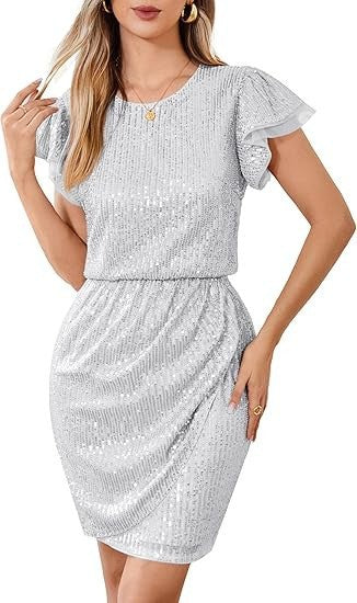 High-waisted Fashionable Sequin Dress With A Round Neckline